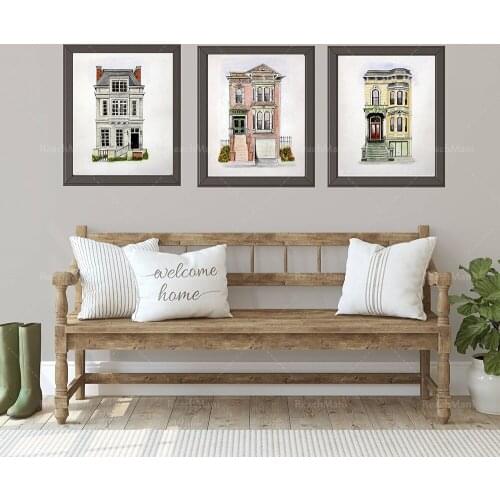 3 Art murals, watercolor paintings of townhouses, original works of art, decorative posters of San Francisco art prints