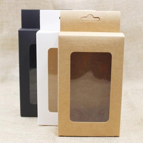 50 pcs new black/kraft/white paper hanger window box package custom cost extra for favors/mobile phone case/underwear package