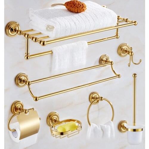 Shiny Gold Bathroom Accessories Suit Gold-plated Towel Racks All Copper Hardware Pendant Sets Robe Hook Toilet Brush Holder