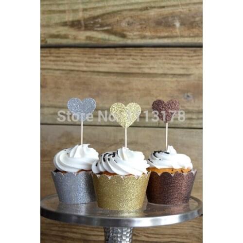 Free shipping heart cupcake wrapper topper Gold, Silver and Bronze Glitter Cupcake Wrappers and toppers