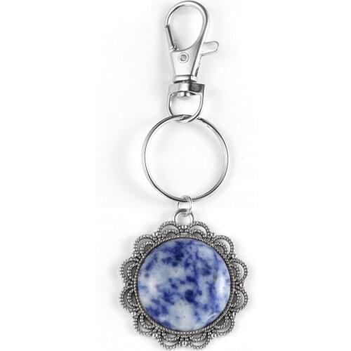 Vintage Natural Round White Blue Stone Key Chain Tiger Eye Labradorite Turquoises Alloy Lobster Clasp Key Ring Keychain Jewelry