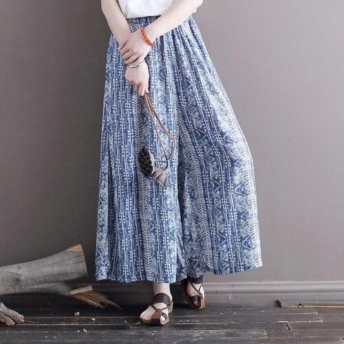 2035 Retro Batik Ethnic Style Loose Wide-Leg Pants Cotton and Linen Digital Printing Culottes Chinese Style Pants