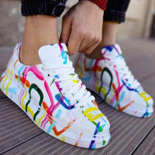 Chekich Mens & Womens Shoes Colorful Pattern on White Artificial Leather Mixed Color Lace Up Print Spring Summer Seasons Unisex Casual Sneakers Street Fashion Daily Odorless High Base Light Skateboard Adult CH255 V9