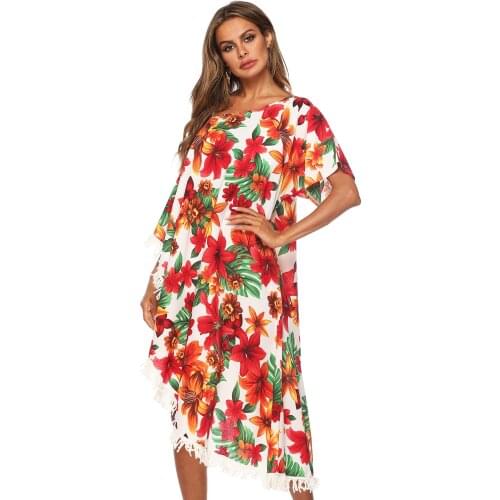 Floral Print Womens Irregular Off Shoulder One Loose Stitching Long Tassel Beach Bikini Blouse Women Chiffon Floral Cover Ups