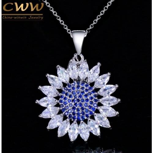 CWWZircons High Quality White Gold Color Elegant Austrian Royal Blue Crystal Flower Necklaces Pendants Jewelry For Women CP023
