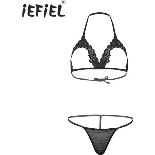 Women Floral Lace Lingerie Set Halter Neck Hollow Out Bra Tops with See-through Mesh G-string Sissy Clubwear for Nightclub
