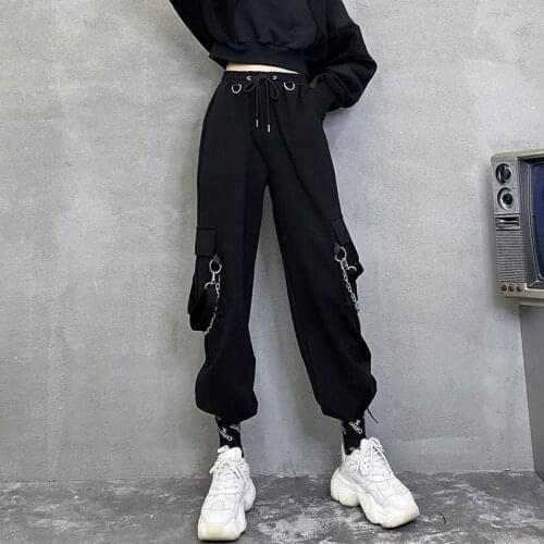 Gothic Harajuku Black Cargo Pants Women Punk Chain Pants High Waist Pants Oversized Korean Fashion Trousers Streetwear