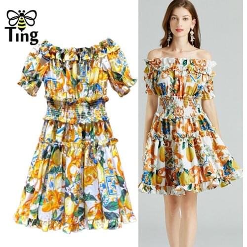 Tingfly Vintage Floral Printing Slash Collar Ruched A Line Mini Short Dress Elastic High Waist New Style Vestidos Summer Dress
