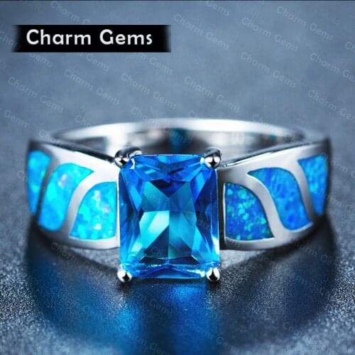 Wholesale Beautiful Cute Simple Jewelry blue Fire Opal cz Champagne Crystal from Swarovskis Ring For Women Christmas gifts