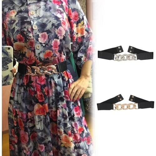 PU Leather Chain Belts for Women Elastic Wide Waist Belts Gold Silver Buckle Ladies Dress Sweater Waistband