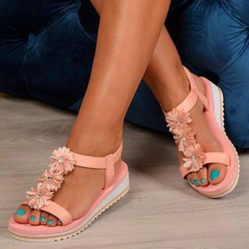 Women Sandals Flower T-tied Slip on Casual Ladies Shoes Summer Elastic Band Ankle Strap Platform Female Flat Comfort 2021