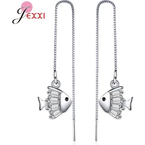 Top Sale 925 Sterling Silver Long Line Fish Pendant Drop Earrings For Women Girls Small Fish Pendant Dangle Earring