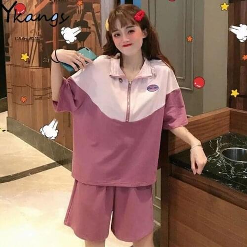 New Zipper Stitching Tracksuits Women Shorts with High Waist Fashion Suits Round Neck Pullover T-shirt Casual Shorts Suit Sports