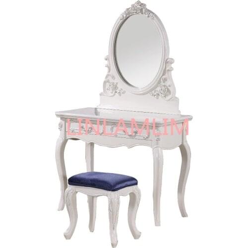 Bedroom home furniture dresser table with 2 drawers mirror and stool neoclassical style KD packaged wooden carved materials