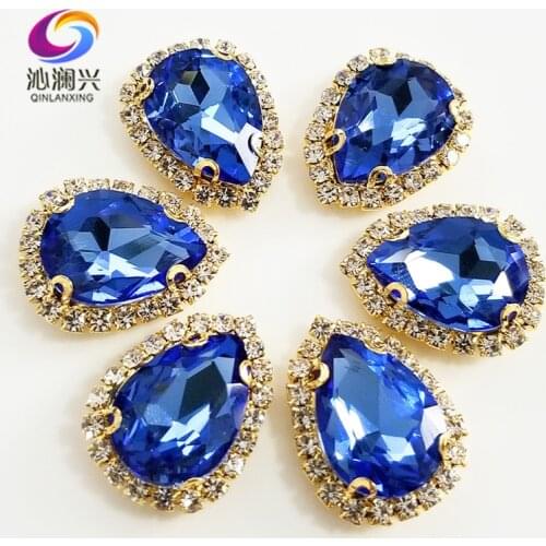 Light blue Golden bottom Top grade Glass Crystal buckle,Drop shape sew on rhinestones,Diy wedding decoration 10pcs/pack SWSK12