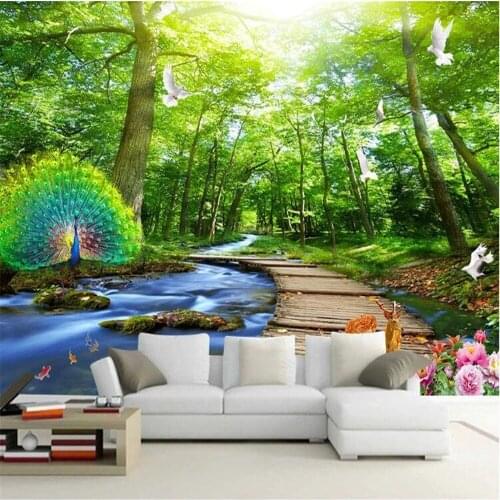 Milofi large wallpaper wall covering fresh wood flowing water landscape painting three-dimensional 3D background wall