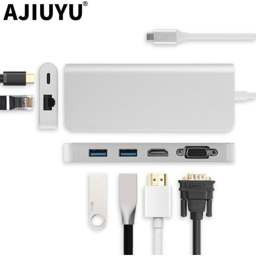 AJIUYU USB C Hub Adapter Dock Type-c Thunderblt 3 Multi Port Converter HDMI VGA RJ45 USB-C USB 3.0 PD Splitter Accessories Card