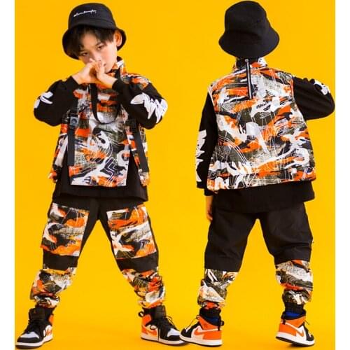 Kid Hip Hop Clothing Turtleneck Sleeveless Jacket Top Camo Tactical Cargo Pants for Girls Boys Dance Costume Clothes Street Wear