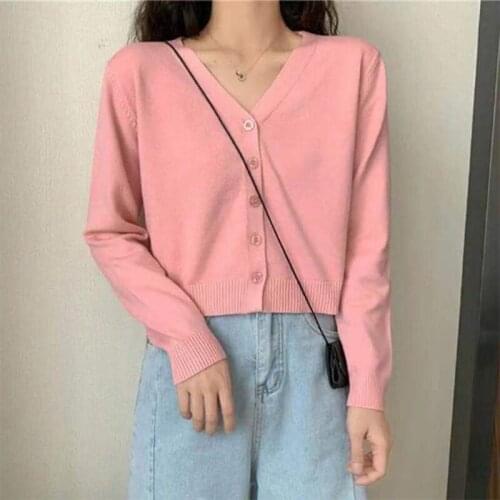 Girls Long Sleeve Knitted Cardigan V Neck Sweater Women Korean Style Solid Color Cardigan Short Jacket Tops Autumn 2021