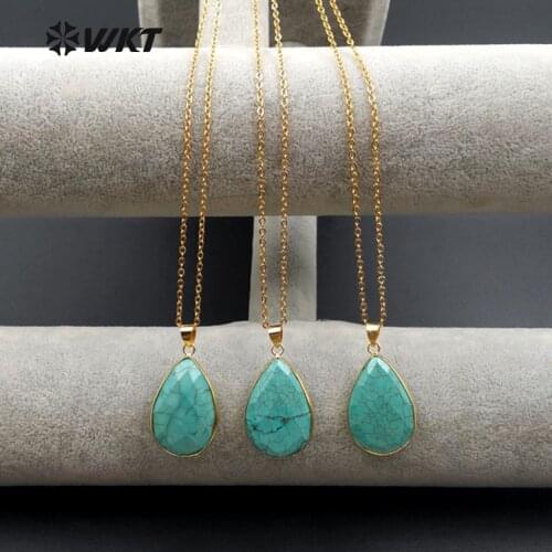 WT-N1085 WKT Simple Style Natural Green Stone Waterdrop Shape Pendant Neckalce In High Quality Gold Tirm Women Necklace