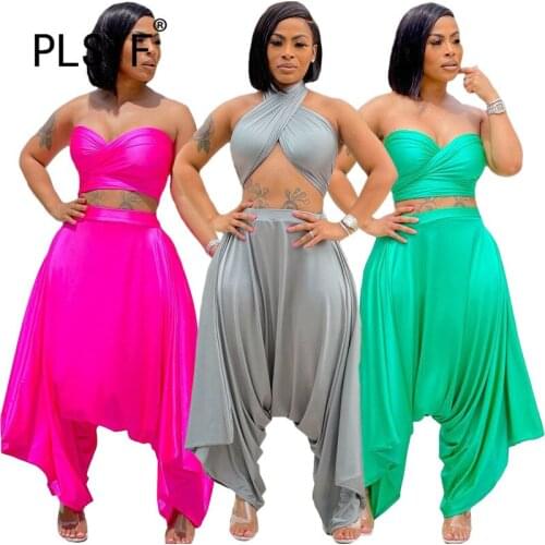 High Fashion Women Crop Top And Loose Wide Leg Pant Set Summer Casual Solid 2 Pieces Clothes Set