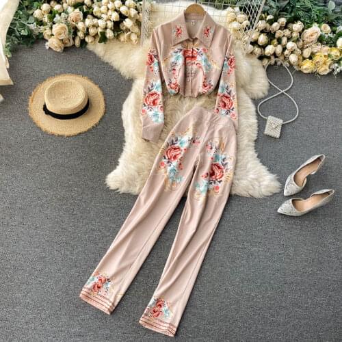2021 Summer Fashion Khaki Floral Print Twinest Suit Women Full Sleeve Blouse Tops and Pocket Slim Long Pants Two Pieces Set