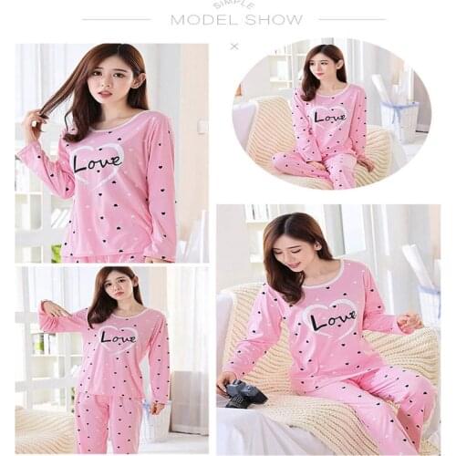 Women Autumn Winter Pajamas Set Cartoon Printed Long-sleeved Love Heart Print O-neck Pajamas + Sleep Pants