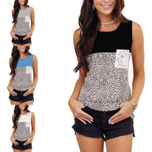 Women Sleeveless O-Neck Tank Top Color Block Leopard Lace Pocket Loose Vest 5XL