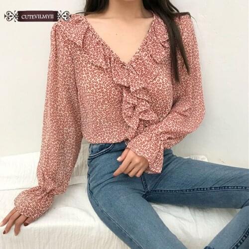2020 Ruffled Chic Cute Tops Hot Sales Women Flare Sleeve V Neck Floral Print Cute Sweet Date Korean Style Shirt Blouse
