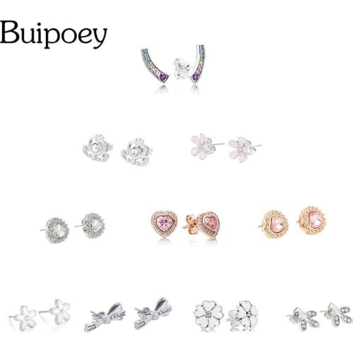 Buipoey Magnolia Silver Color Earrings For Girl Women Colored Crystal Shiny Rainbow Earrings Bow Cherish Daisies Earrings