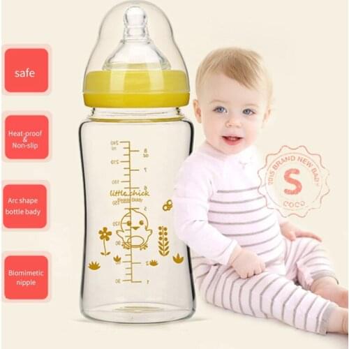 Children silicon nipple cartoon shatter-proof glass 240ml learn drinking glass wide delimiter baby bottle on sale KD1036