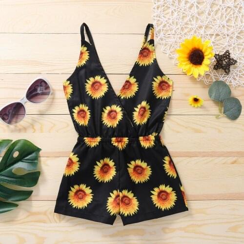 Kids Jumpsuit, Girls Sunflower Print V-Neck Sleeveless Romper Playsuits for Summer, Black, 18 Months-6 Years