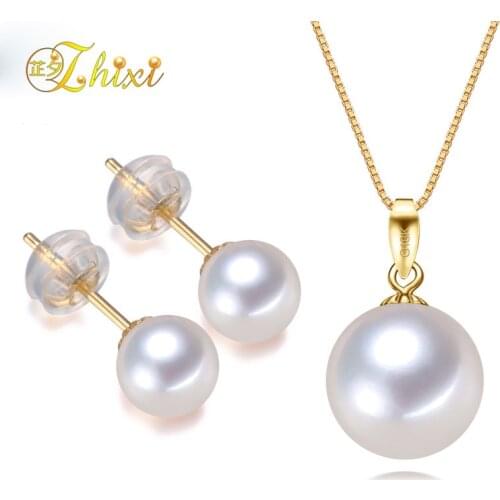 ZHIXI Fine 18K Yellow Gold Jewelry Set AU750 Natural Freshwater Pearl Necklace Pendant Earrings Classic Bridal Jewelry Sets T027