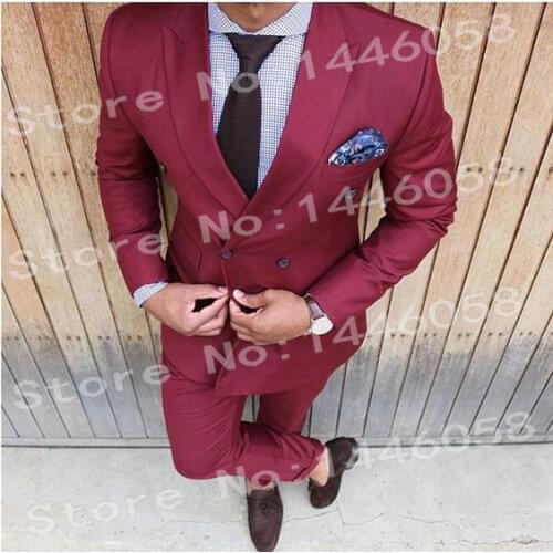 Mens Wedding Suits 2018 Double Breasted Business Burgundy Casual Men Suits With Pants Slim Fit Groom Groomsman Suits For Men