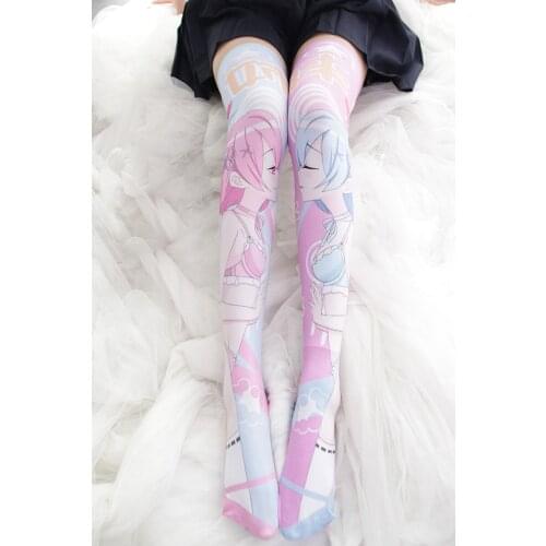 1 pair Anime Re:Life in A Different World from Zero Cartoon Ram Rem Printed Thigh High Sock Stocking Cosplay Prop Women Girl