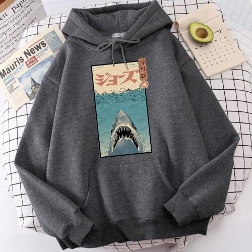 Ocean Shark Painting Ukiyoe Style Printing Mens Sweatshirt Thick 2021 Comfortable Sportwear Loose New Fashion Males Hoodie