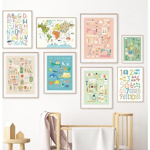 Number Animal Map Bird Scissors Camera Palette Wall Art Canvas Painting Nordic Posters And Prints Pictures Kids Room Home Decor