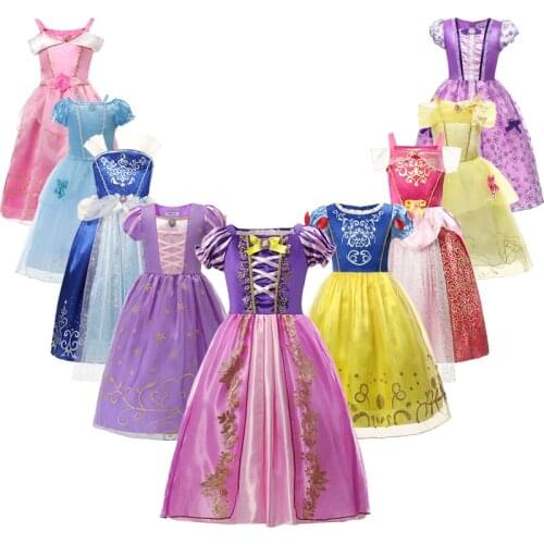 VOGUEON Girls Rapunzel Princess Dress Up Children Dresses Summer Snow White Cosplay Customes Sleeping Beauty Aurora Frocks Kids