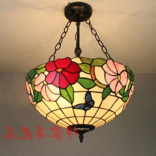 Tiffany Stlye Hanging Glass Suspension Luminaire Flower Iron Fashion Pendant Light 16inch industrial lamp