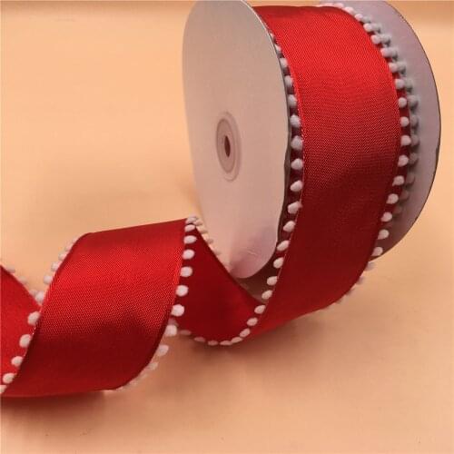 38mm 25Yards Christmas Ribbon Festival Wired Red Ribbons With White Ball for Decoration New Year Gift Wrapping 1-1/2"