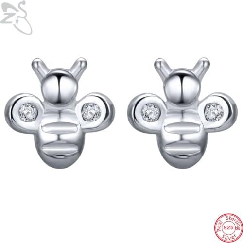 ZS Bee Shape Earrings Real 925 Sterling Silver Ear Studs Cute Simple Animal Stud Earring Gifts For Women Girls Mini Pendients