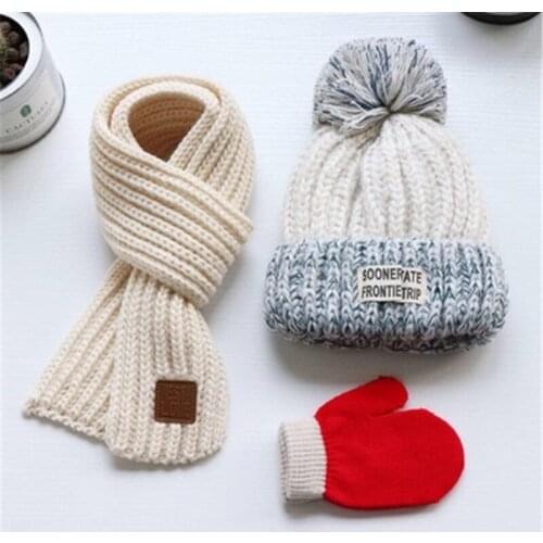 3pcs Childrens hat with gloves scarf Autumn winter boys children knitted hat lovely warm velvet woollen hat