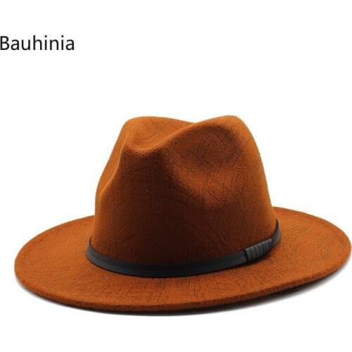 Bauhinia Hot Selling Autumn Winter Black Men Wool Fedora Hat Wide Brim Women Ladies Jazz Hat Belt Caps Bowler Felt Hats
