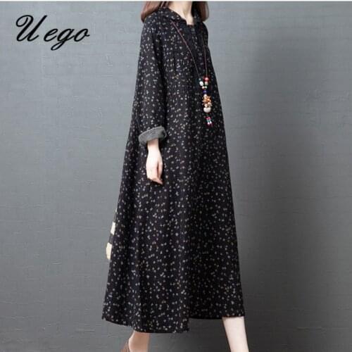 Uego 2021 New Arrival Long Sleeve Spring Dress Linen Cotton Loose Vintage Dress Print Floral Plus Size Women Casual Blouse Dress