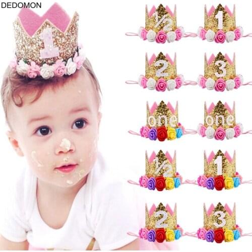 Baby Girl First Birthday Decor Flower Party Cap Crown Headband 1 2 3 Year Number Priness Style Birthday Hat Baby Hair Accessory
