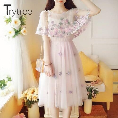 Trytree 2020 Spring Summer Women Dress Casual O-neck Appliques Embroidery Flower Ruffles Fashion Lovely 2 Color A-line Dress
