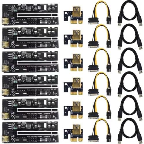 5PCS 6 LED VER009C 010S 009S Plus PCI-E PCIE Riser For Video Card PCI Express Adapter Molex 6Pin SATA to USB 3.0 Cable X1 X16