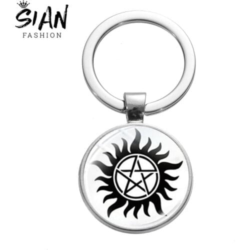 SIAN Punk Pentagram Devils Trap Sign Keychains Popular America TV Supernatural Dean Sam Glass Dome Key Ring Souvenir Collection
