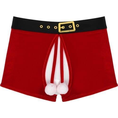 Fashion Men Crotchless Velvet Christmas Boxer Shorts Fluffy Ball Decor Lingerie Underwear Elastic Waistband Underpants