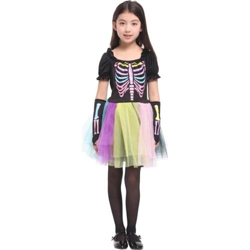 Children Kids Girls Funky Punky Skeleton Bones Costume Fancy Dress Halloween Carnival Party Role Play Cosplay Costumes
